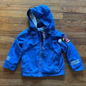 Mini Boden boys blue waterproof jacket with removable hood size 6-7 years
